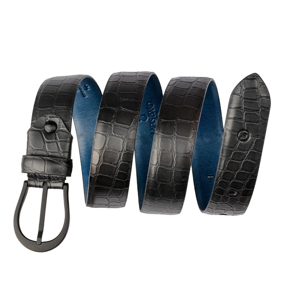 Sullivan Black Croco Print Leather Belt